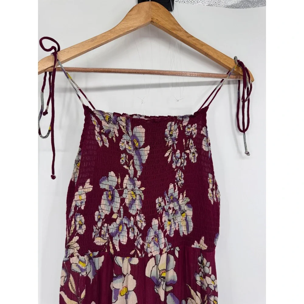 Free People Garden Party Maxi Dress Women M Burgundy Floral Smocked Boho Cottage